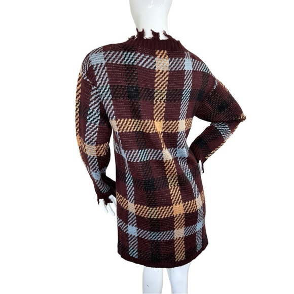 Entro gorgeous burgundy sweater top fringe unique plaid striped lovely pattern M - Picture 11 of 15